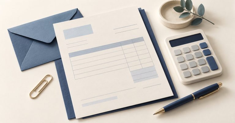 Blank invoice paperwork with a calculator, pen and envelope.