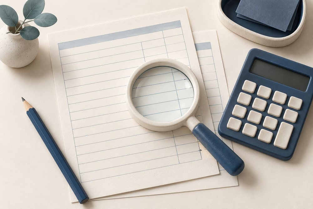 A magnifying glass and calculator beside blank invoice paperwork.